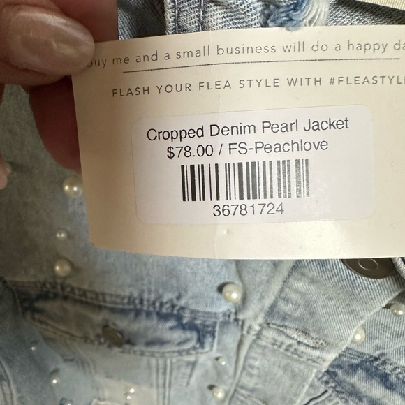 Peach Love California Cropped Distressed Denim Jacket with Pearls - Picture 5 of 5